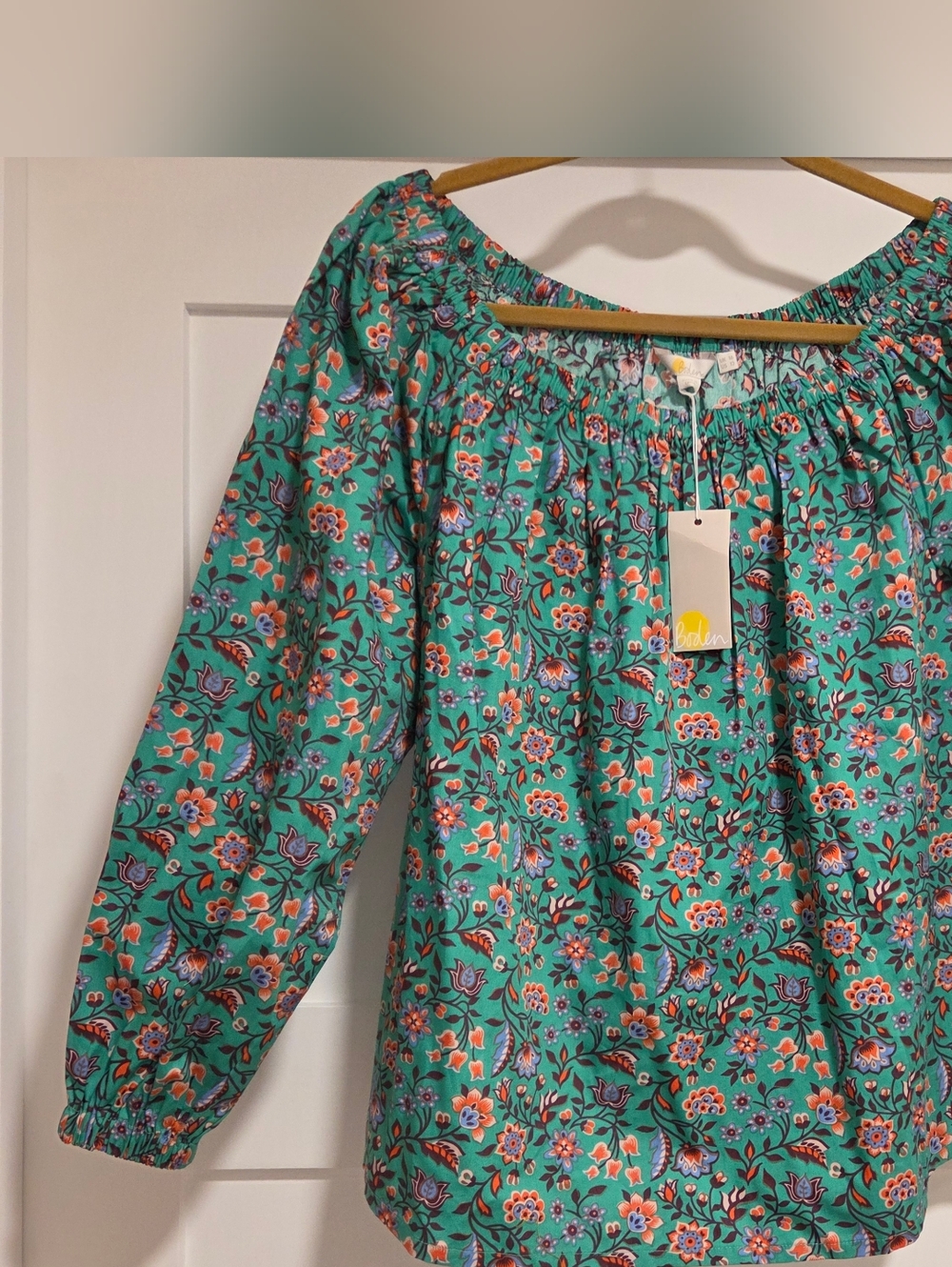 NWT Boden Melanie Off-Shoulder Floral Blouse - Green Lagoon Meadow